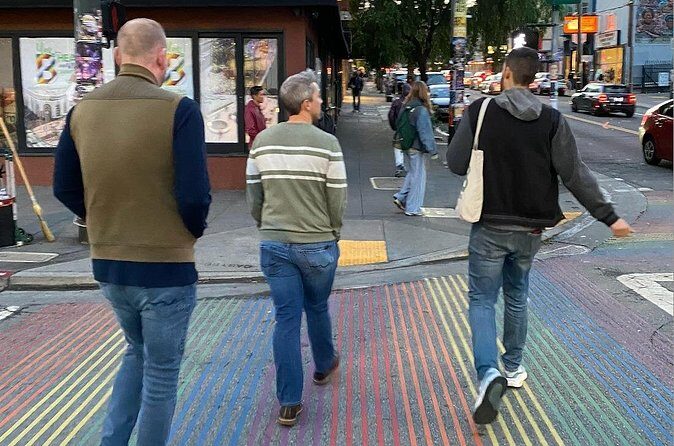 Castro District LGBTQ+ History Tour - The rainbow flag, the AIDS Memorial Quilt piece, and Jose Sarria’s items